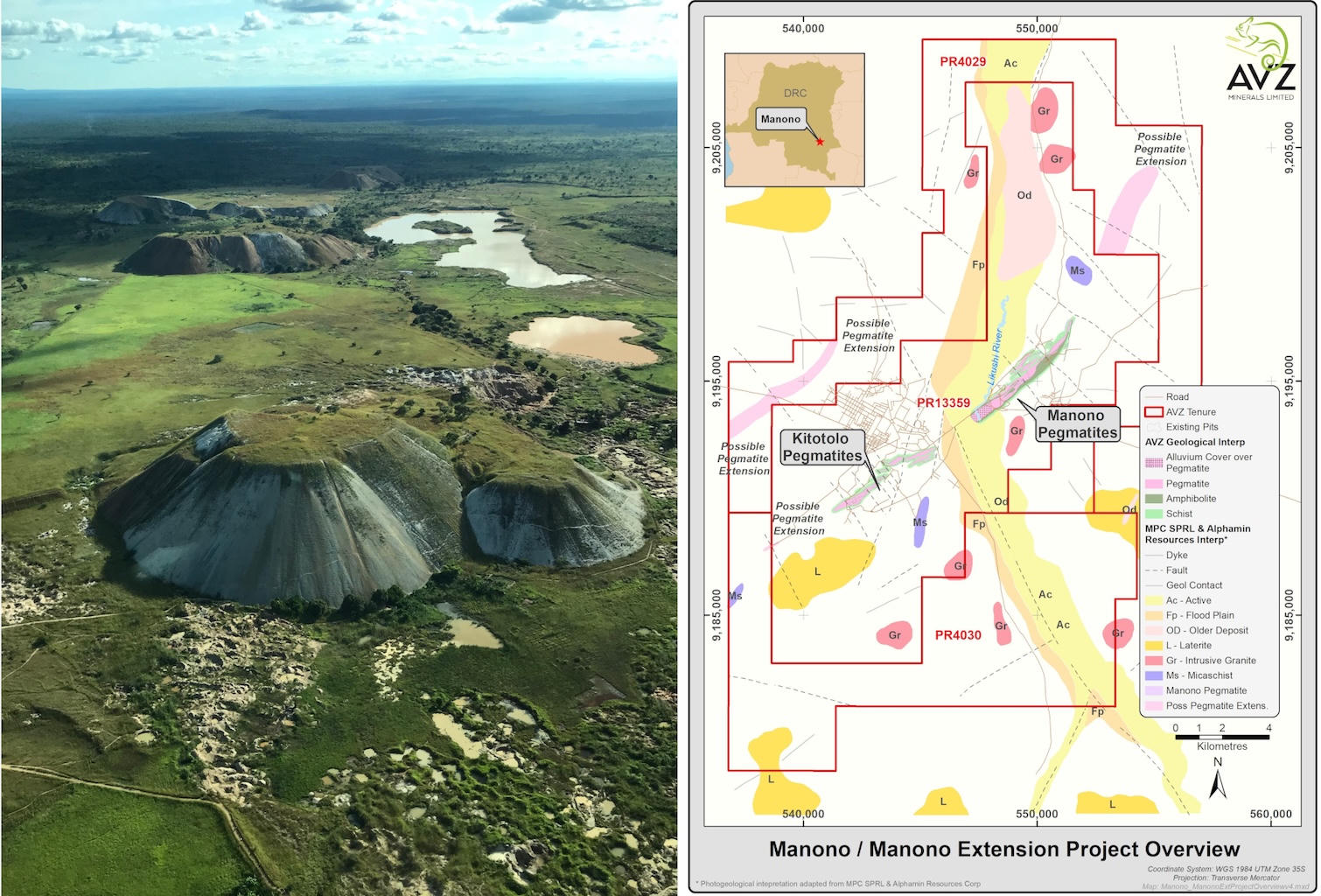 Carte AVZ des permis de Manono à côté d’une vue aérienne des collines de pegmatite